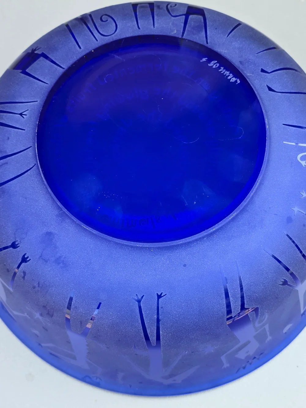 Leandra Drumm Etched Blue Glass Bowl with Whimsical Figures 9